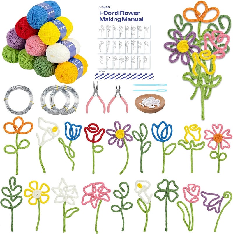 Caydo i Cord Flower Making Kit with 20 Flowers & 4 Leaves Templates, 10pcs Yarn and 82ft Craft Wire Kits for Beginner, DIY Florals Handicraft Making Kit, Learn to Knitting iCord with i Cord Maker Tool - Image 1
